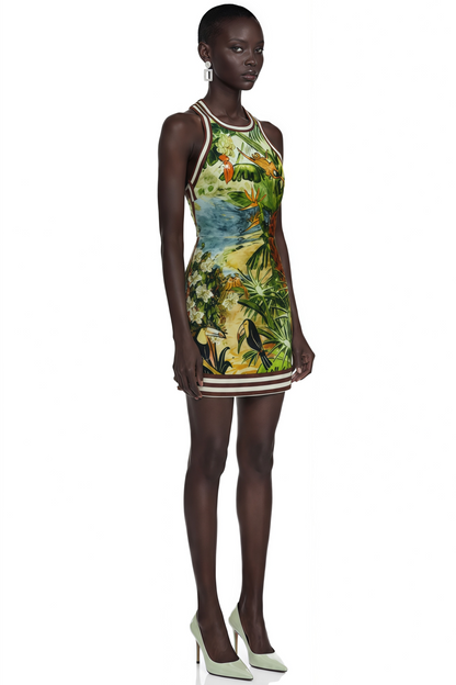 Marina Green Scenic Print Halter Mini Dress