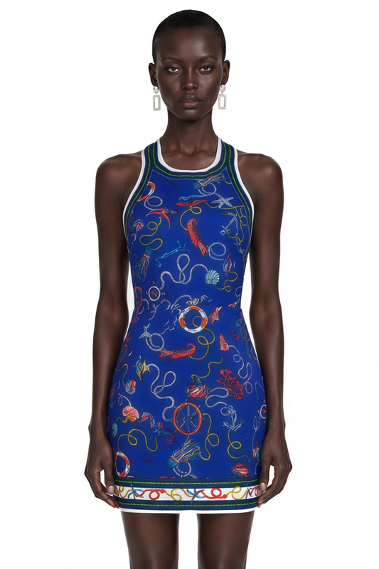Marina Navy Blue Scenic Print Halter Mini Dress