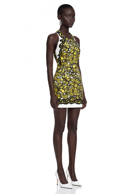 Marina Yellow Scenic Print Halter Mini Dress