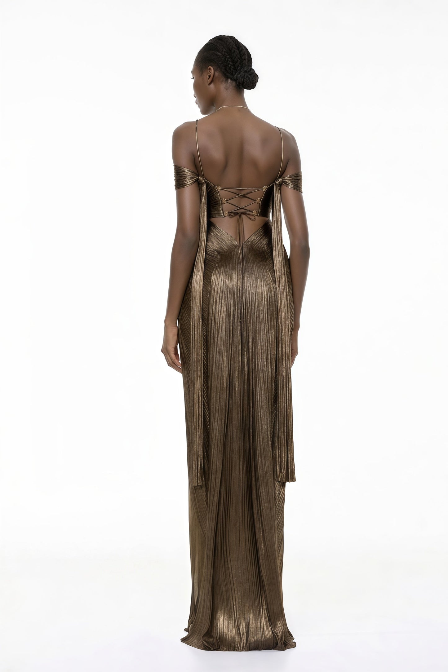 Marise Brown Draped Satin Maxi Dress