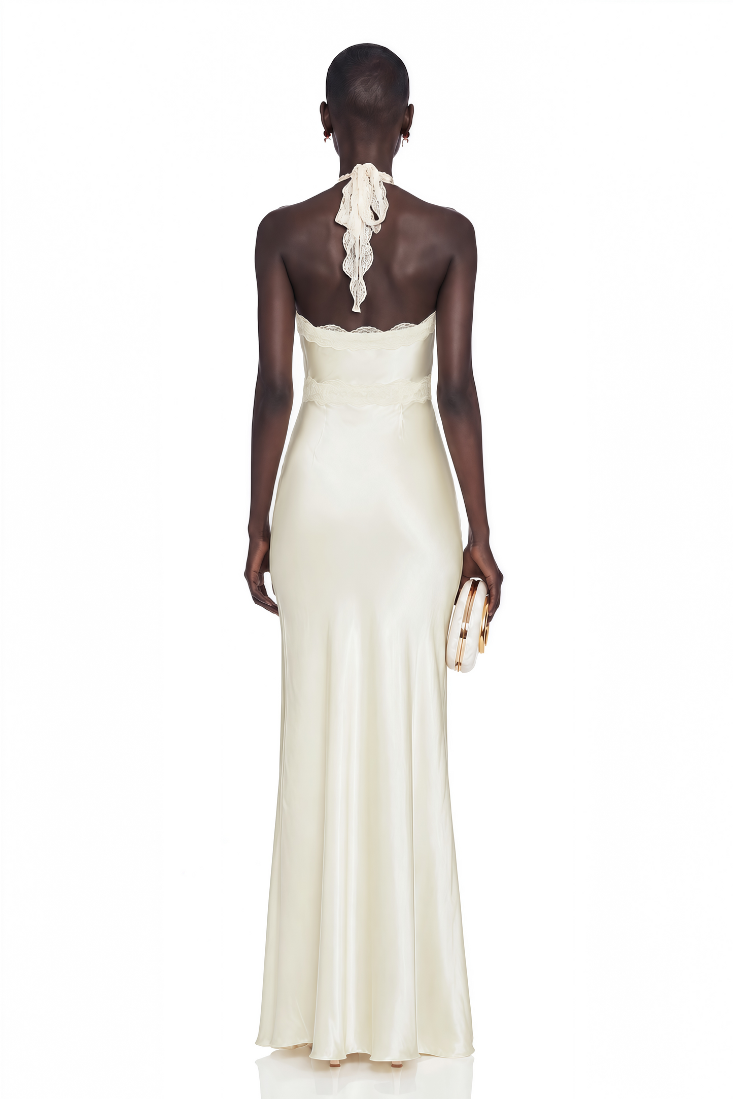 Maristella White Plunge Neck Halterneck Maxi Dress with Lace Trim