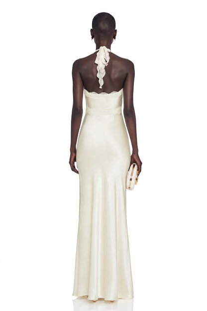 Maristella White Plunge Neck Halterneck Maxi Dress with Lace Trim