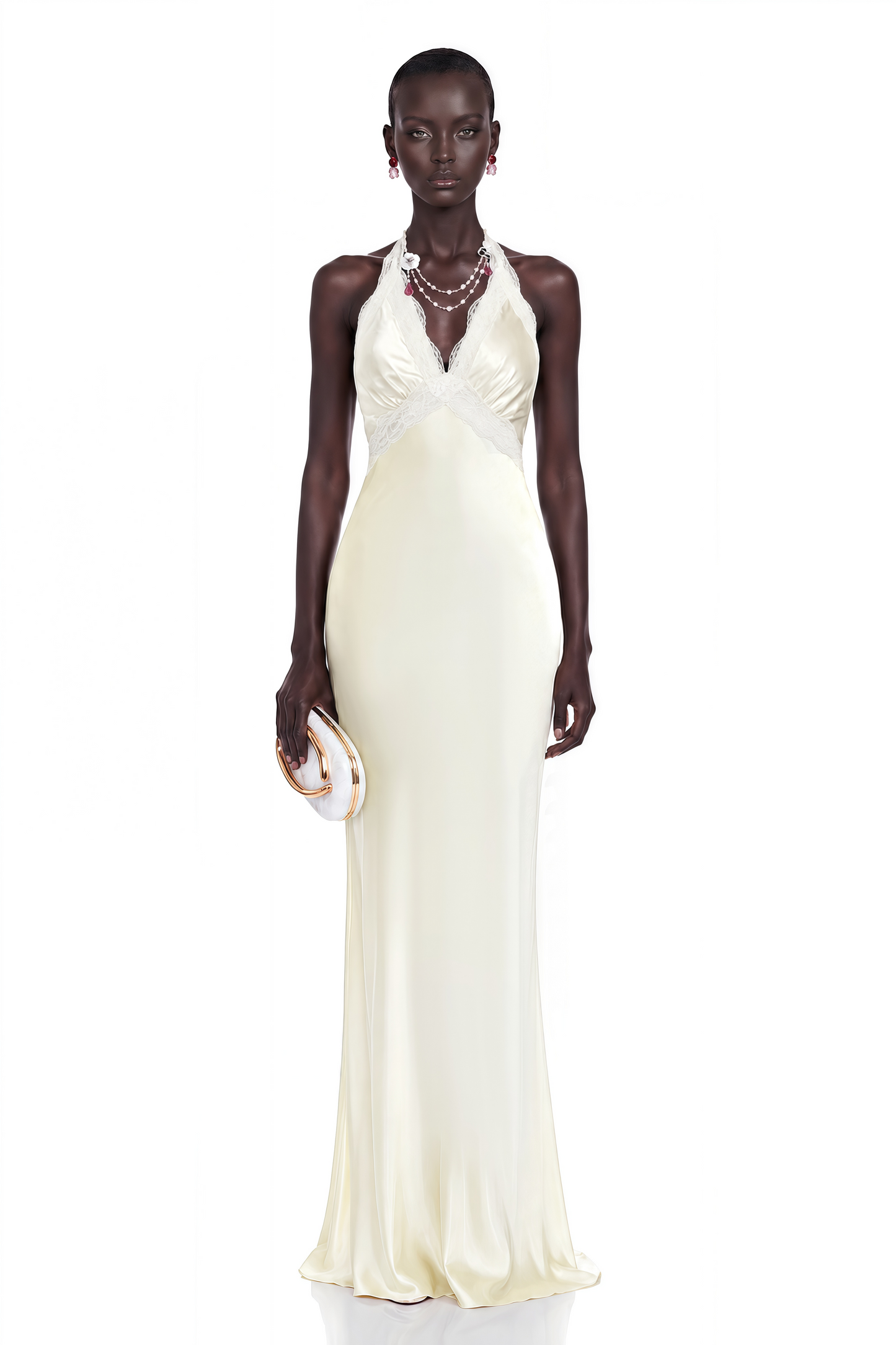 Maristella White Plunge Neck Halterneck Maxi Dress with Lace Trim