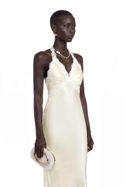 Maristella White Plunge Neck Halterneck Maxi Dress with Lace Trim
