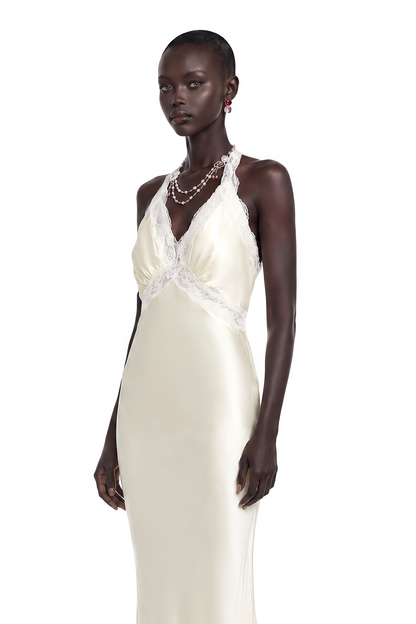 Maristella White Plunge Neck Halterneck Maxi Dress with Lace Trim