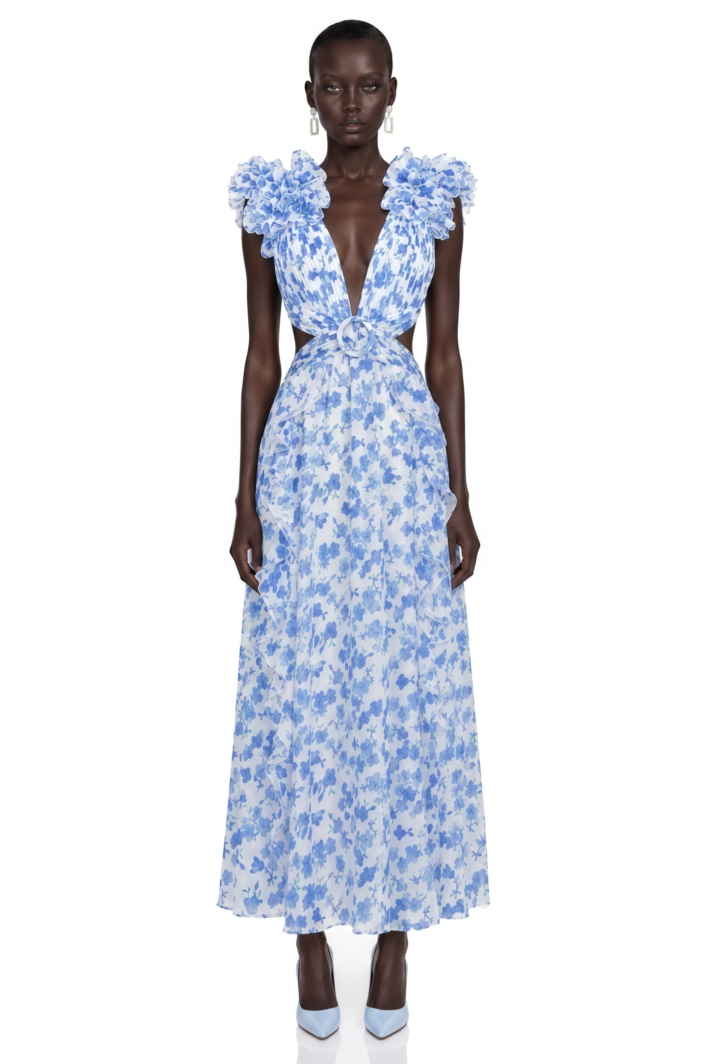 Marjorie Blue Floral Print Maxi Dress with Ruffled Trim