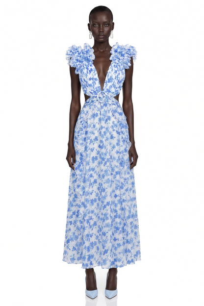 Marjorie Blue Floral Print Maxi Dress with Ruffled Trim