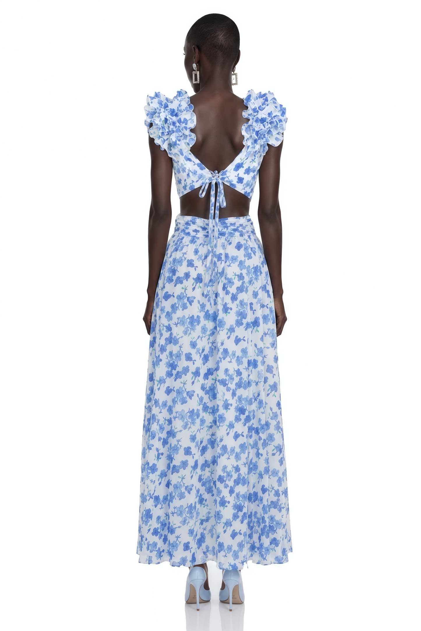Marjorie Blue Floral Print Maxi Dress with Ruffled Trim