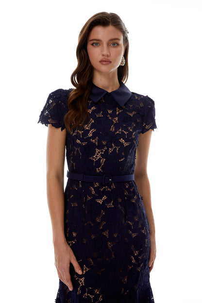 Marlene Navy Blue Floral Lace Midi Dress
