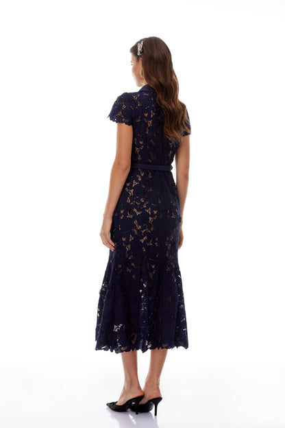 Marlene Navy Blue Floral Lace Midi Dress