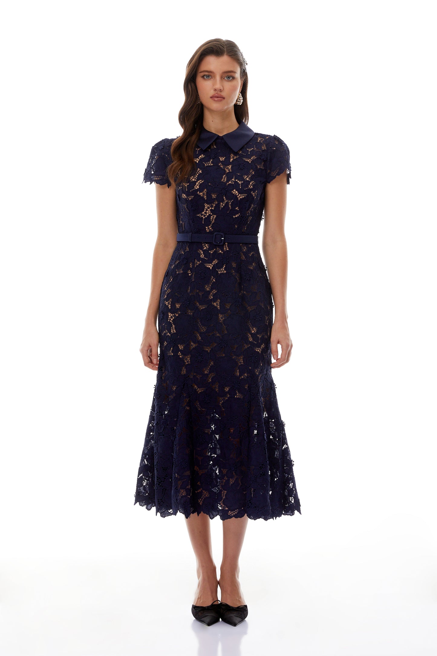 Marlene Navy Blue Floral Lace Midi Dress