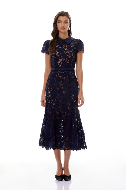 Marlene Navy Blue Floral Lace Midi Dress
