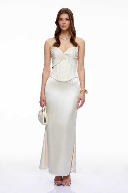 Martina Neutral Corset Satin Maxi Dress