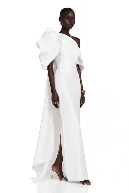 Martina Beyaz Tek Omuz Fiyonk Detaylı Maxi Elbise