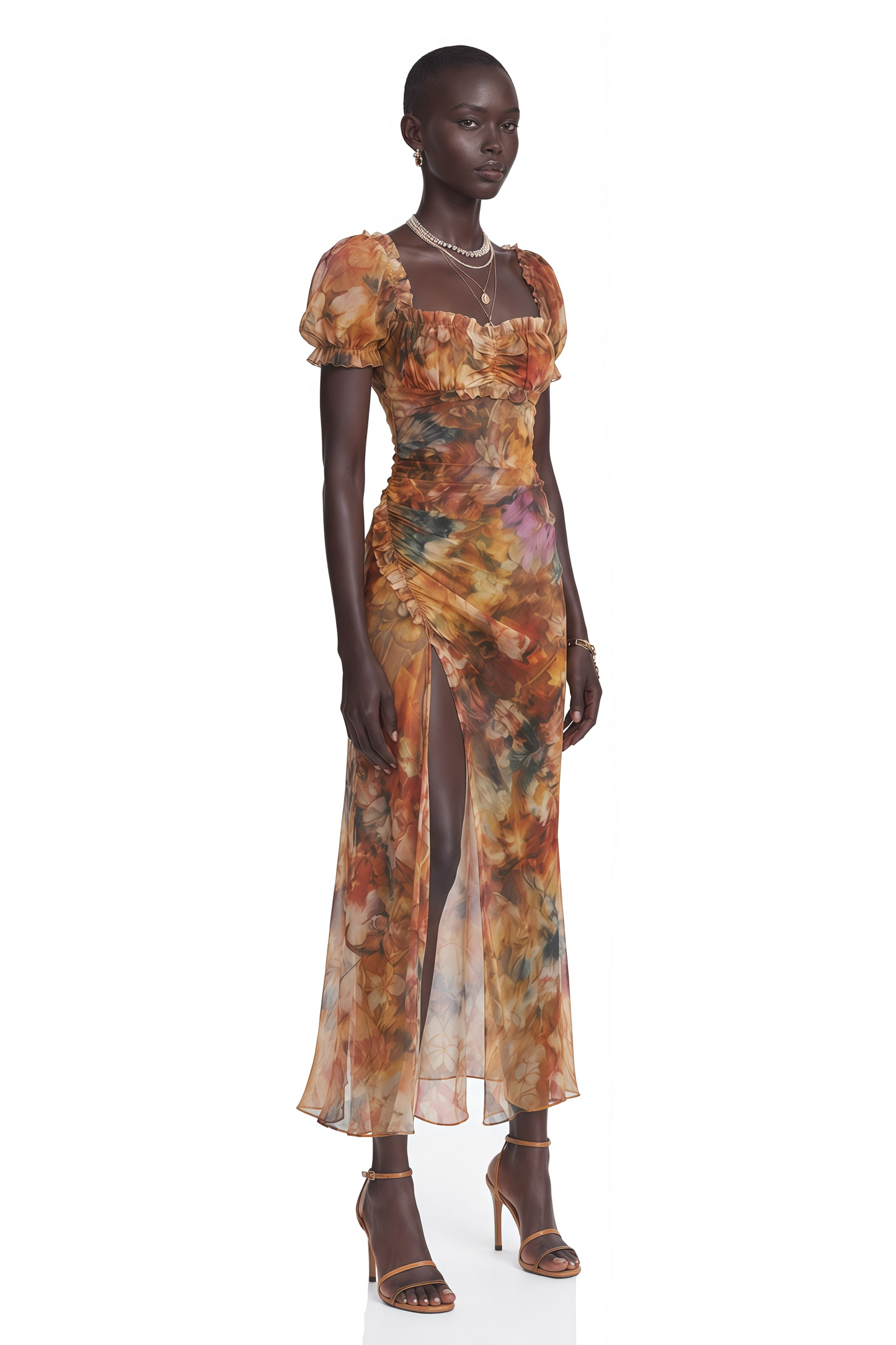 Marwen Orange Square Neck Floral Maxi Dress