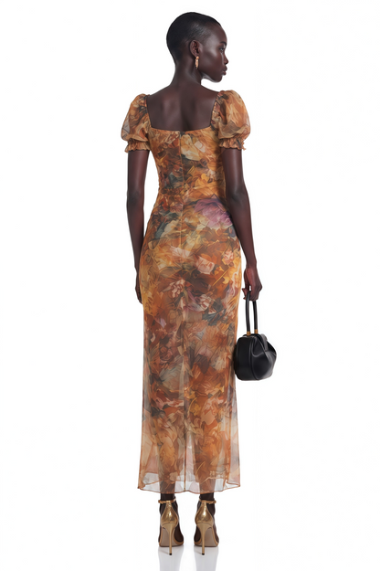 Marwen Orange Square Neck Floral Maxi Dress