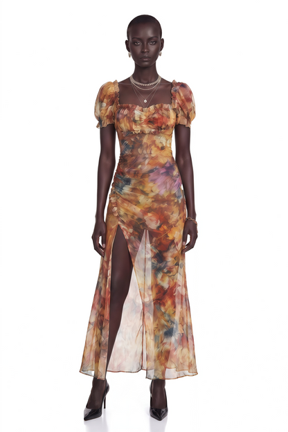 Marwen Orange Square Neck Floral Maxi Dress