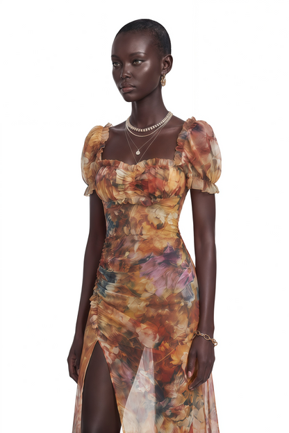 Marwen Orange Square Neck Floral Maxi Dress
