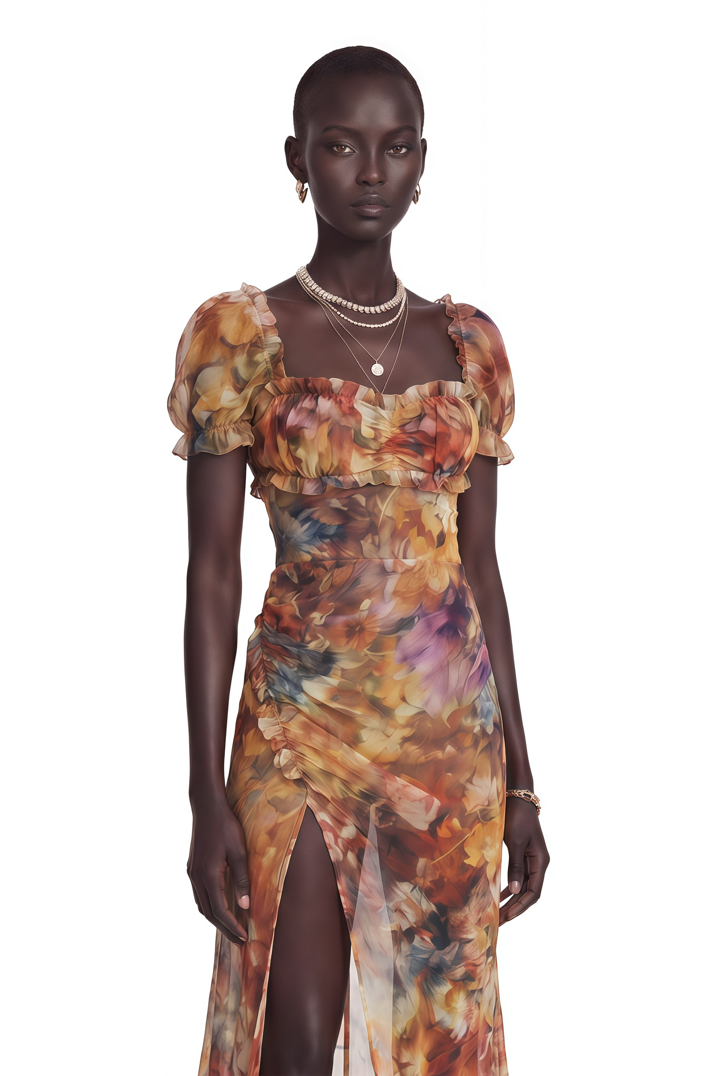 Marwen Orange Square Neck Floral Maxi Dress