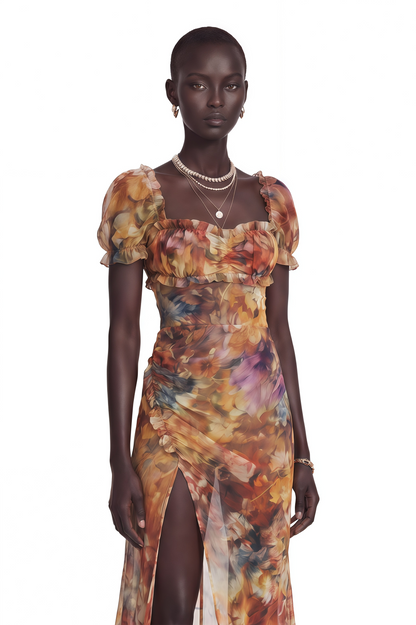 Marwen Orange Square Neck Floral Maxi Dress
