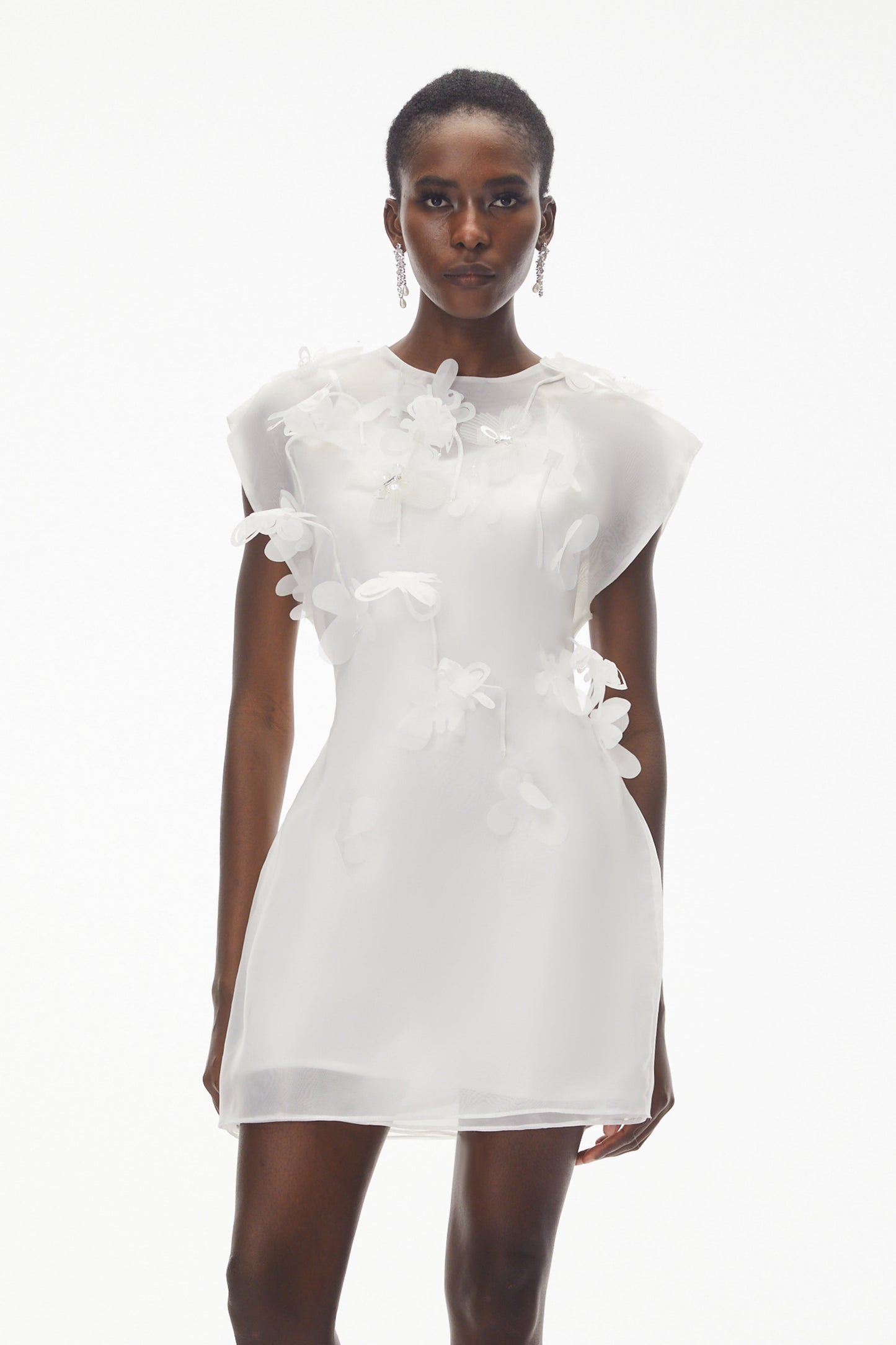 Maryam White Chiffon Mini Dress with 3D Petals