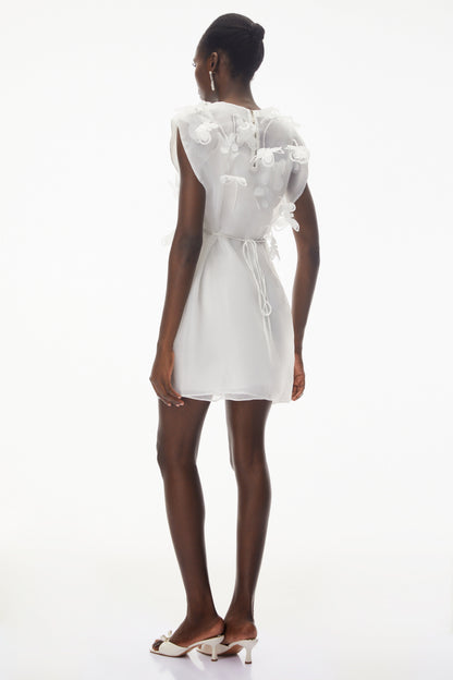 Maryam White Chiffon Mini Dress with 3D Petals
