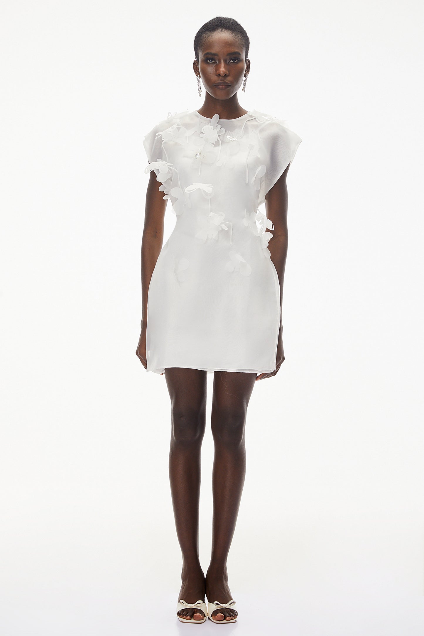 Maryam White Chiffon Mini Dress with 3D Petals