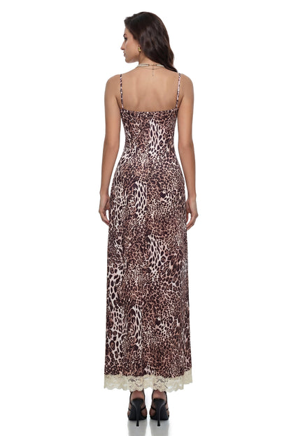 Matilda Brown Leopard Print Maxi Dress with Cut-Outs
