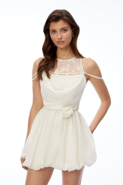 Matilda White Lace Panel Puffball Mini Dress