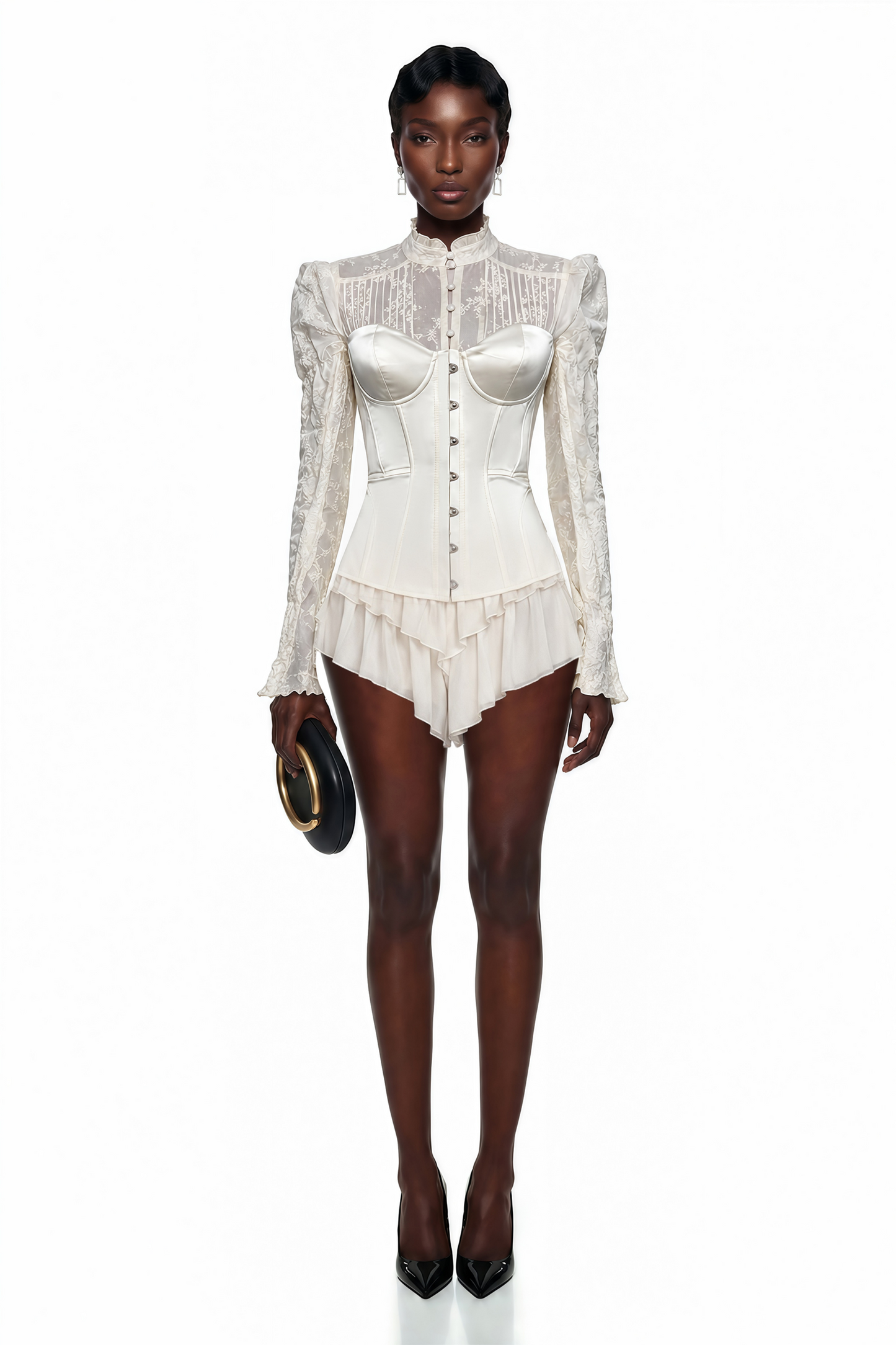Matilde White Satin Corset Mini Dress with Lace Panels