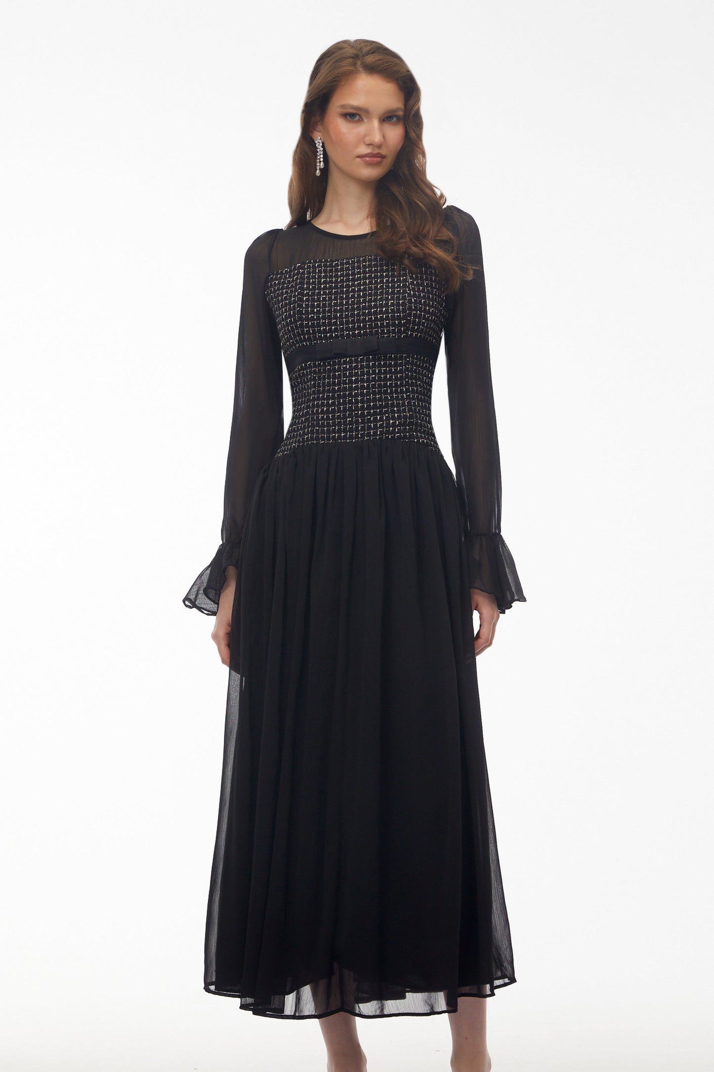 Maya Black Maxi Dress with Bell Sleeves and Bow
