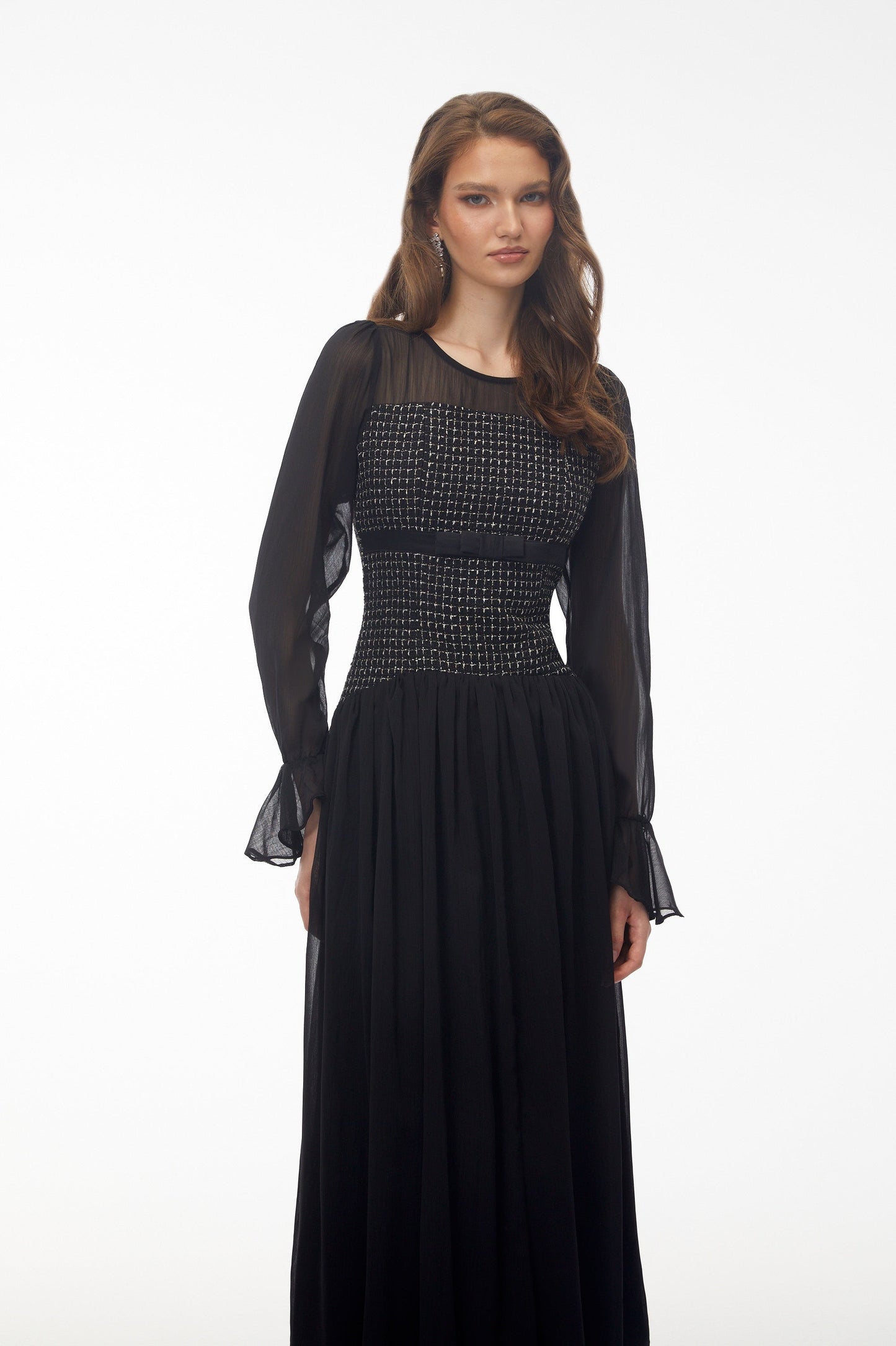 Maya Black Maxi Dress with Bell Sleeves and Bow