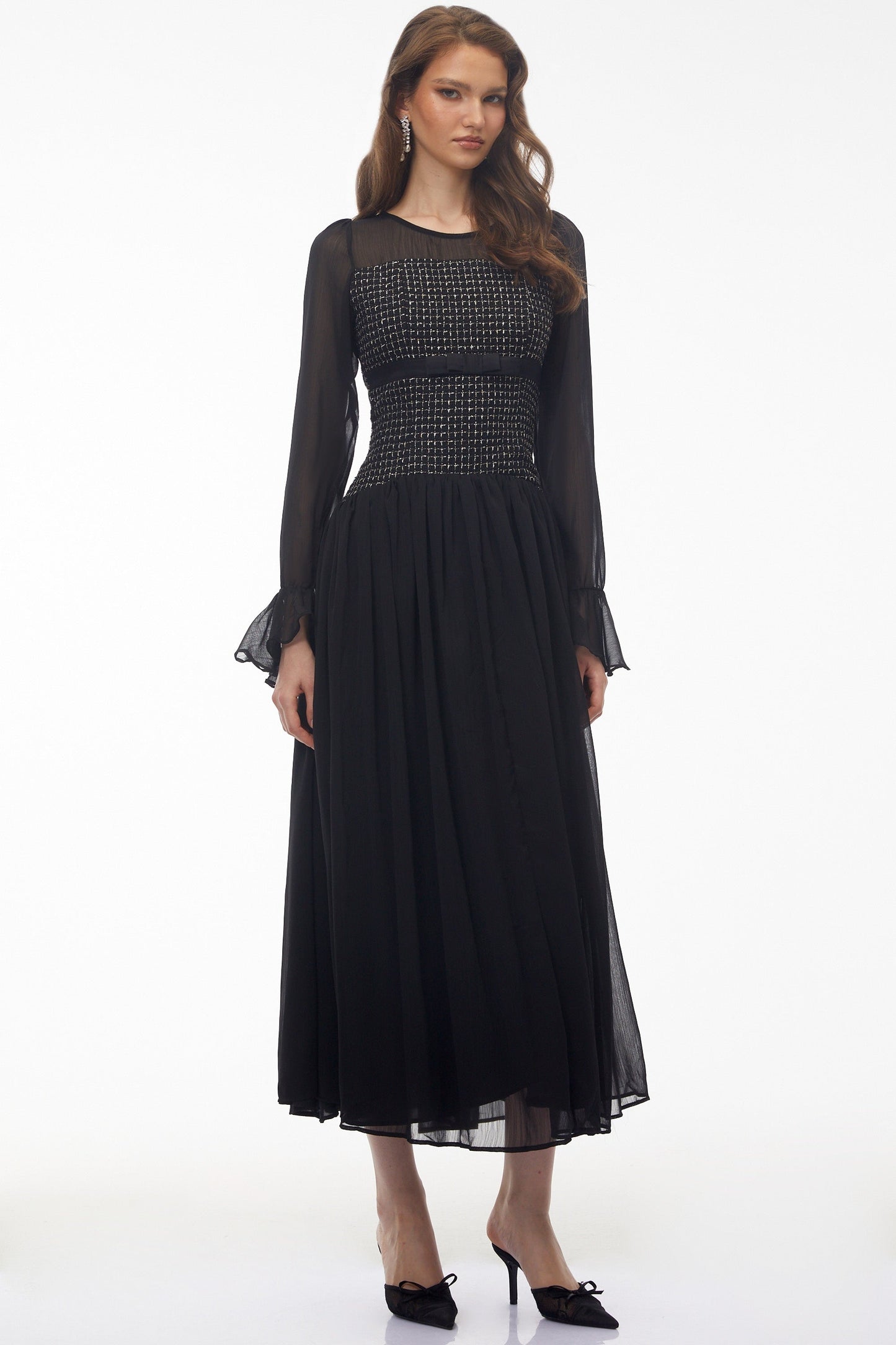 Maya Black Maxi Dress with Bell Sleeves and Bow