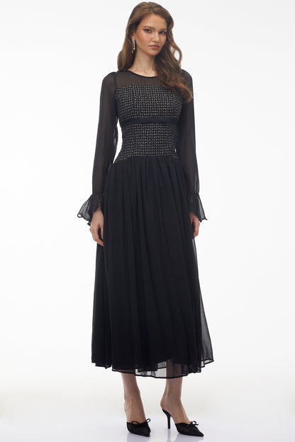 Maya Black Maxi Dress with Bell Sleeves and Bow