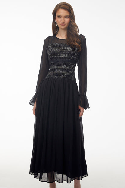 Maya Black Maxi Dress with Bell Sleeves and Bow