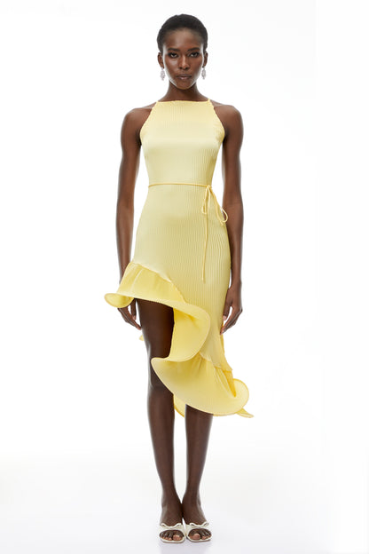 Meliora Yellow Asymmetrical Ruffled Midi Dress