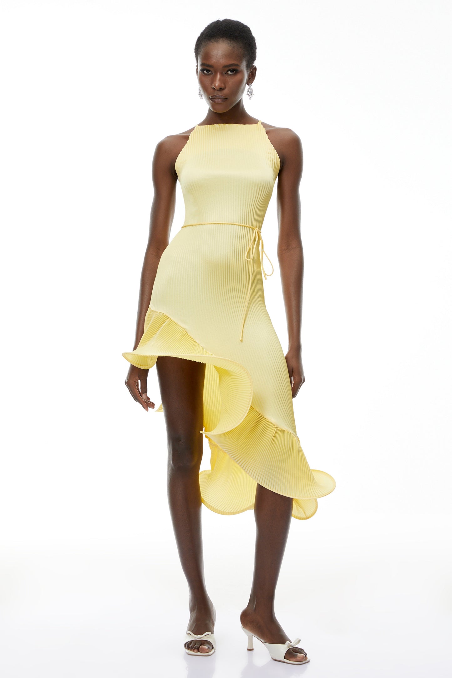 Meliora Yellow Asymmetrical Ruffled Midi Dress