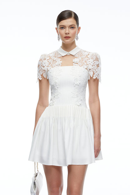 Melusine White Lace Mini Dress with Cape Sleeves