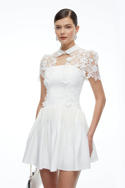 Melusine White Lace Mini Dress with Cape Sleeves
