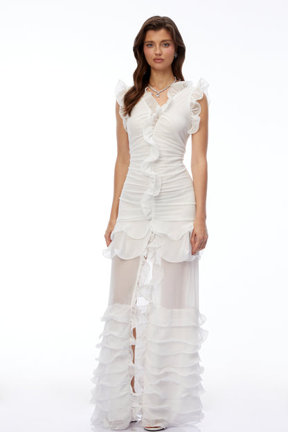 Meredith White V-Neck Tiered Ruffled Maxi Dress