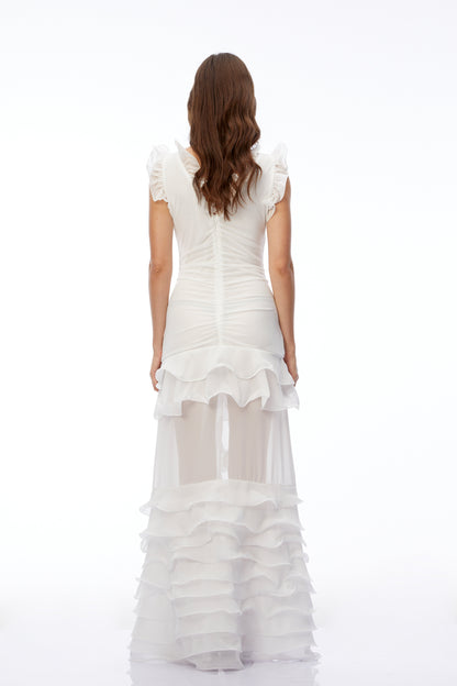 Meredith White V-Neck Tiered Ruffled Maxi Dress