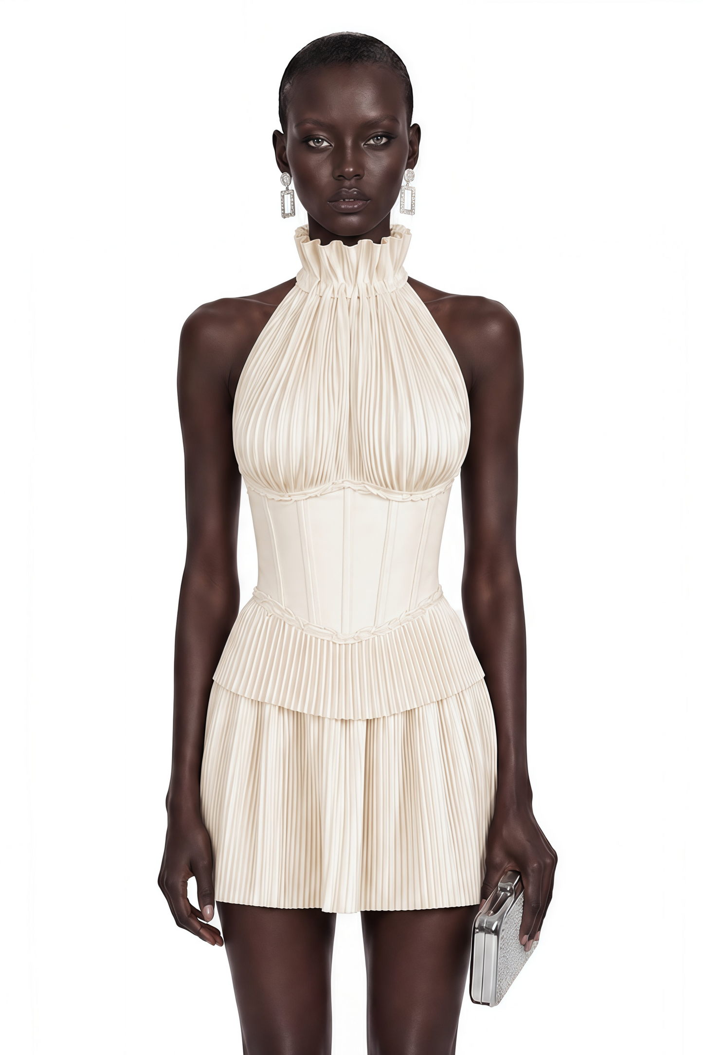 Meryem White Turtleneck Pleated Mini Dress