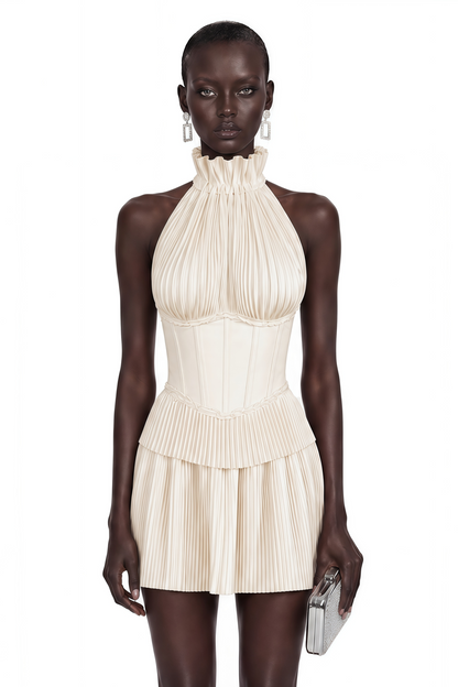Meryem White Turtleneck Pleated Mini Dress