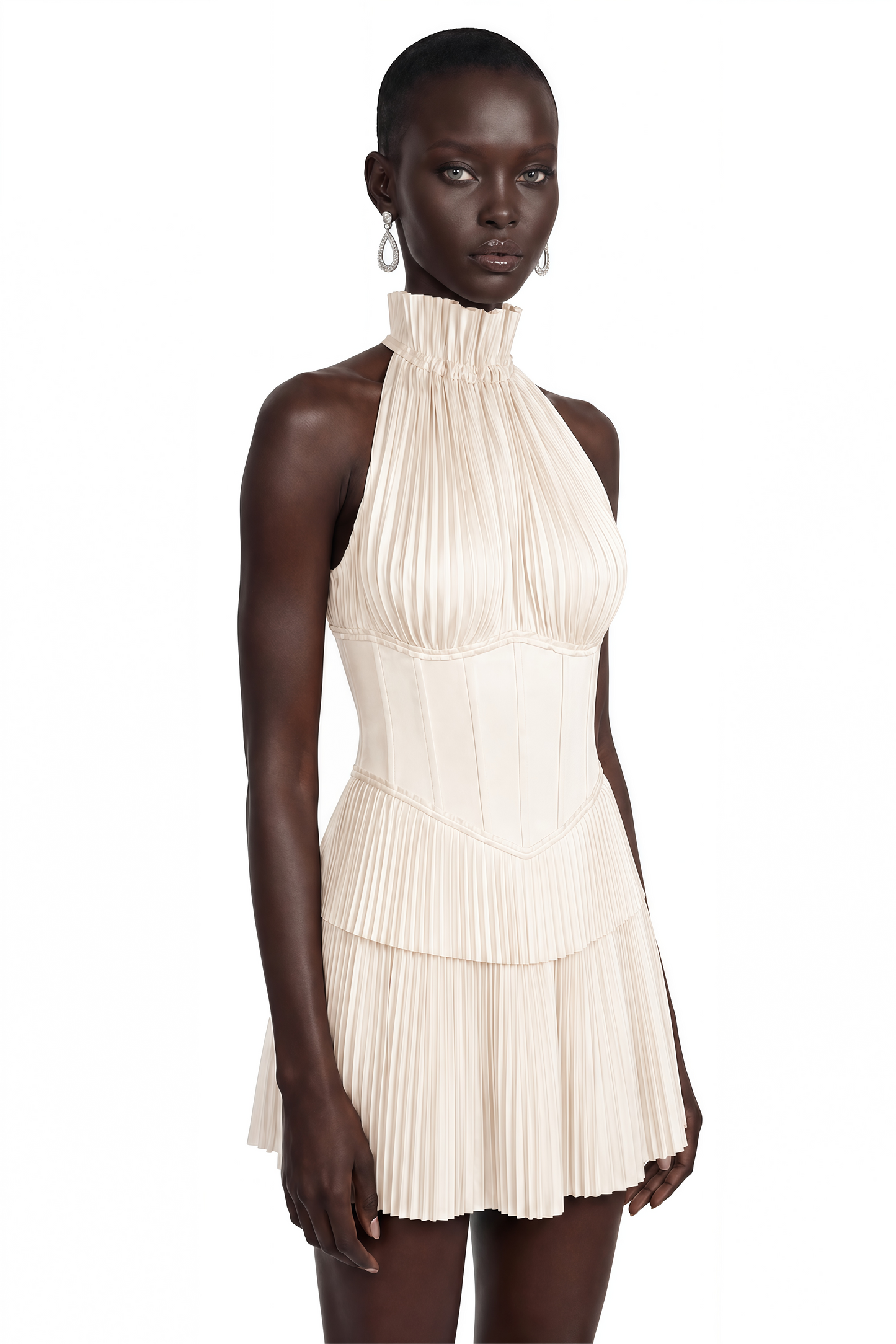 Meryem White Turtleneck Pleated Mini Dress