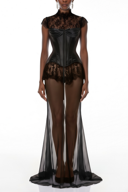 Michalina Black Lace Convertible Gown with Detachable Skirt