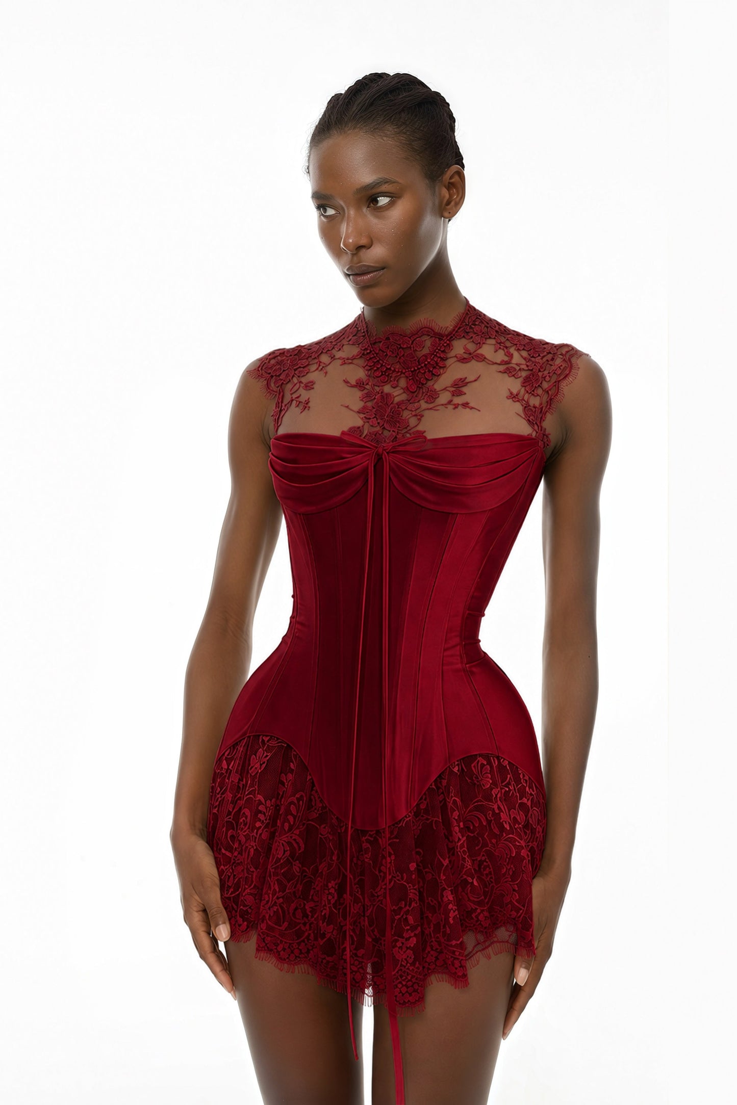 Michalina Red Lace Convertible Gown with Detachable Skirt