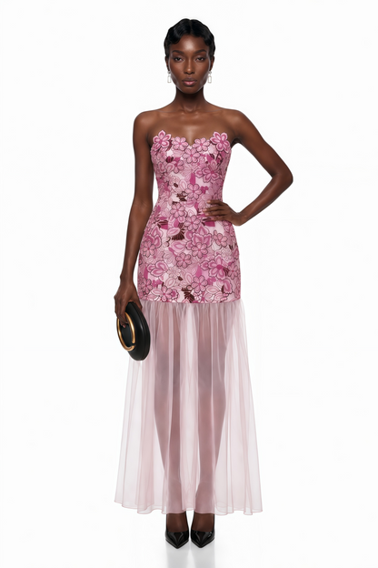 Mikaere Pink Off Shoulder Maxi Dress with 3D Florals