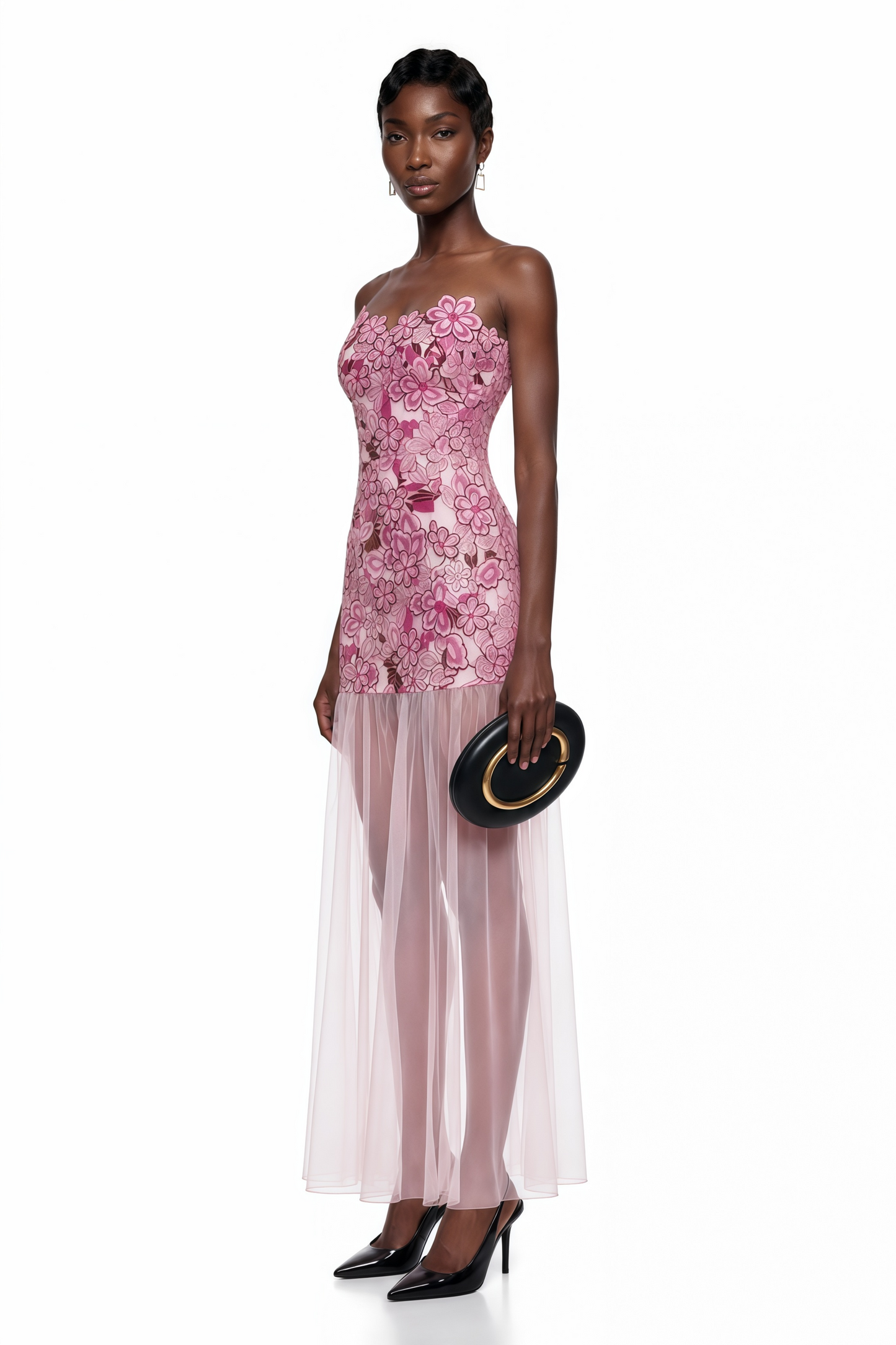 Mikaere Pink Off Shoulder Maxi Dress with 3D Florals