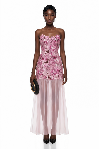 Mikaere Pink Off Shoulder Maxi Dress with 3D Florals
