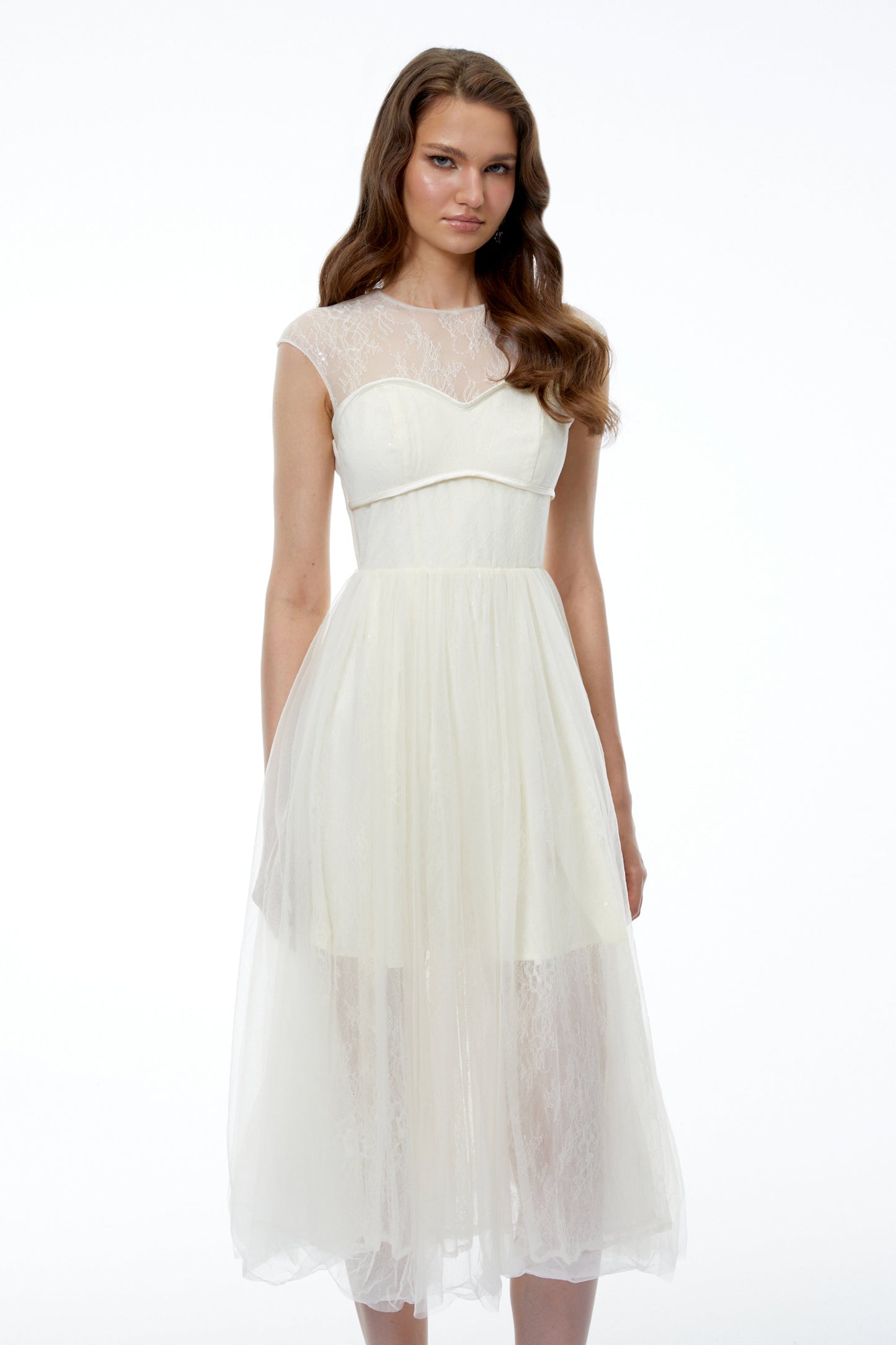 Mila Cream Semi-Sheer Tulle Midi Dress